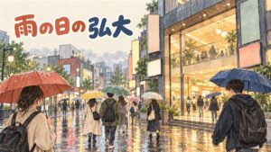 雨の日に弘大入口駅の出口から屋内の複合施設へ向かう人々のイメージ