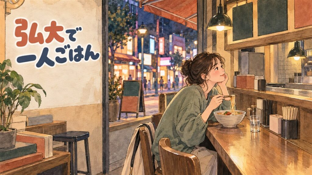 弘益大学校の学生食堂で一人で食事をとる旅行者のイメージ