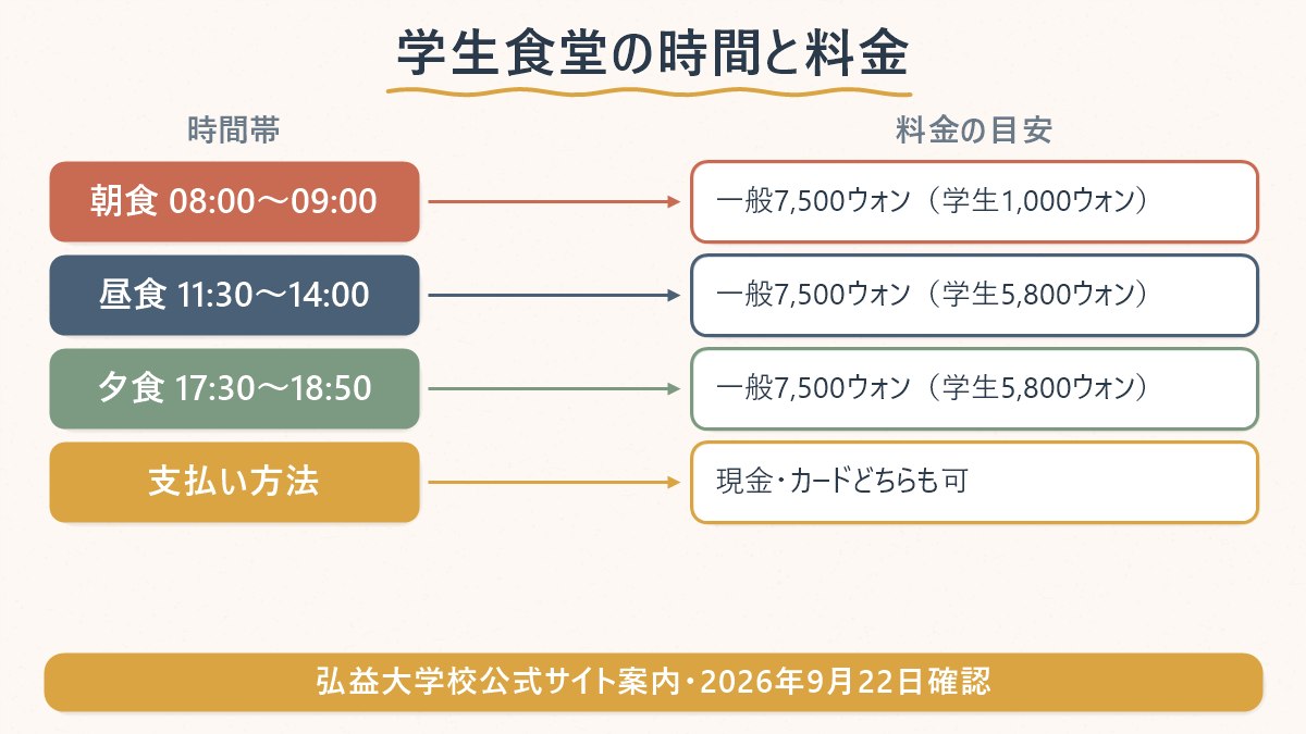 弘益大学校の学生食堂の時間帯別の料金の目安