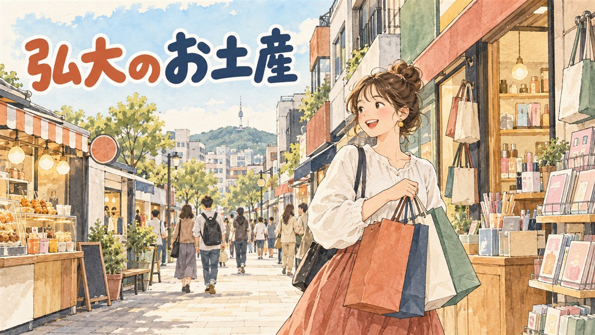 弘大の路地でお土産の雑貨店やコスメ店を見て回る旅行者のイメージ