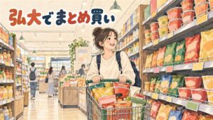 弘大・合井・新村エリアの地図とスーパーの袋を持つ旅行者のイメージ