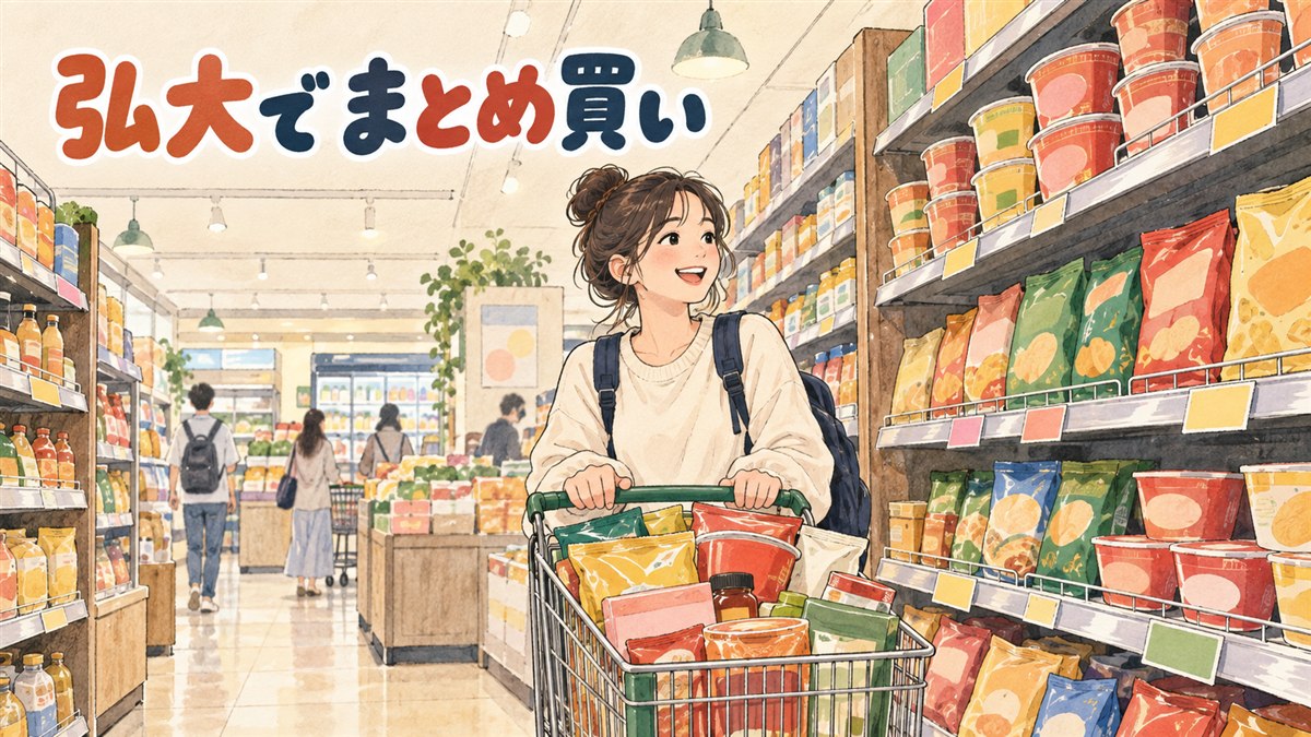 弘大・合井・新村エリアの地図とスーパーの袋を持つ旅行者のイメージ