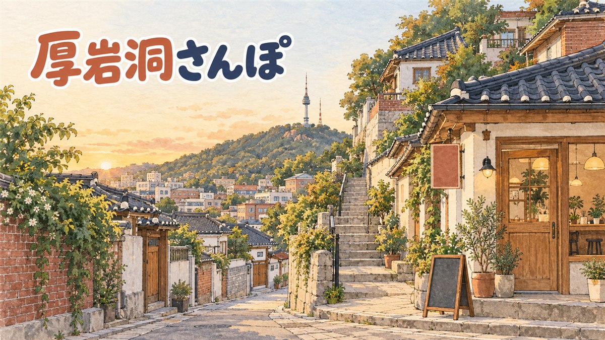 厚岩洞の坂道に立ち、階段の先に南山タワーが見える住宅街の情景