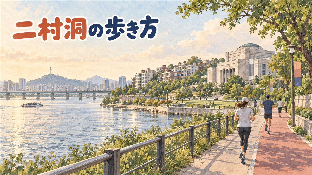 国立中央博物館そばの緑地を歩く人々と、奥に静かな住宅街が広がる二村洞の街並み