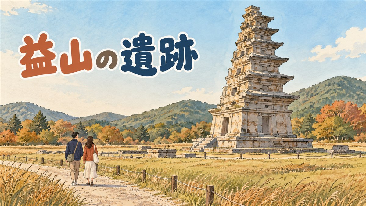 益山の弥勒寺址の石塔と国立益山博物館の外観を組み合わせたイメージ