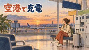 仁川空港の出国ロビーでスマートフォンを充電しながら順番を待つ旅行者のイメージ