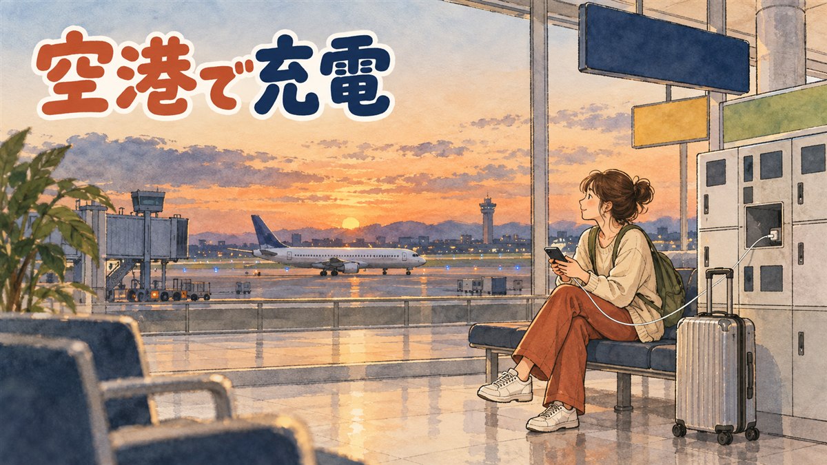 仁川空港の出国ロビーでスマートフォンを充電しながら順番を待つ旅行者のイメージ