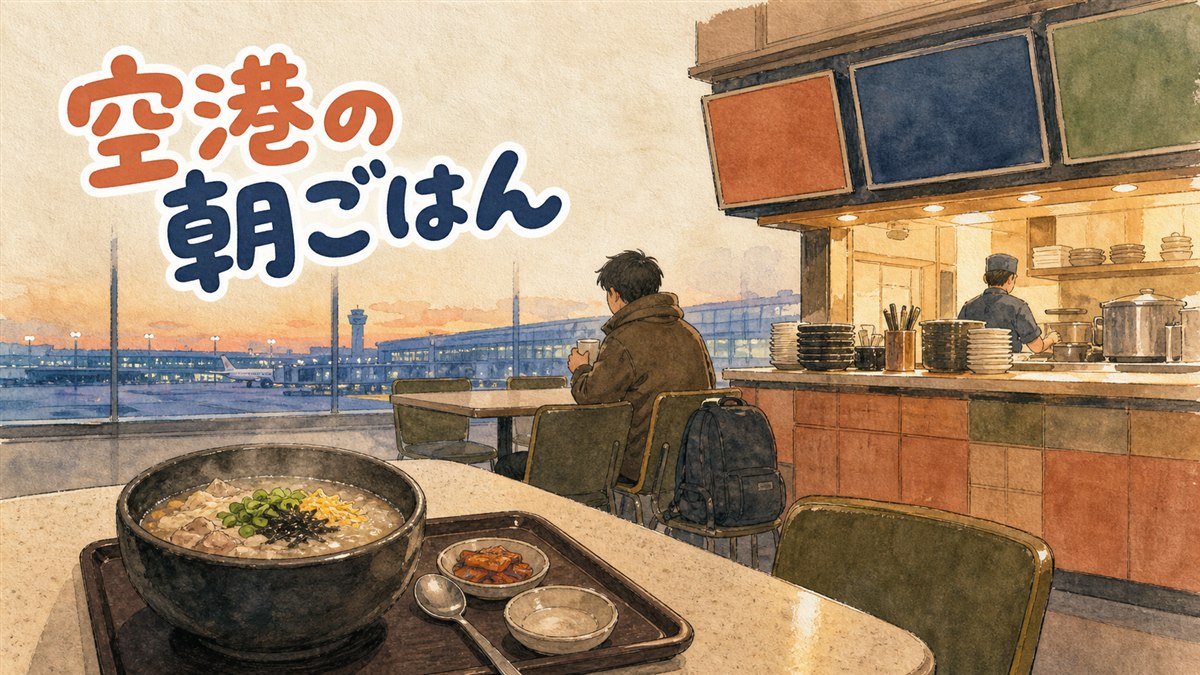 仁川空港の早朝、朝食を選ぶ旅行者の情景