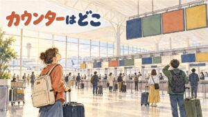仁川国際空港の出発ロビーでチェックインカウンターの案内表示を見上げる旅行者の後ろ姿