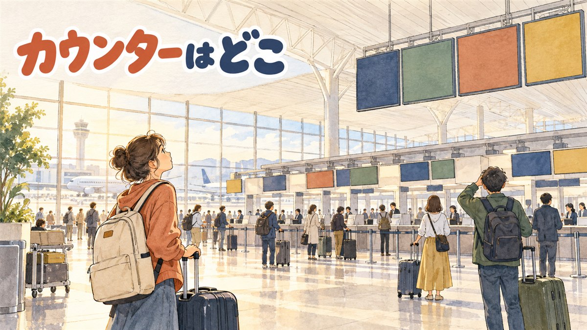 仁川国際空港の出発ロビーでチェックインカウンターの案内表示を見上げる旅行者の後ろ姿
