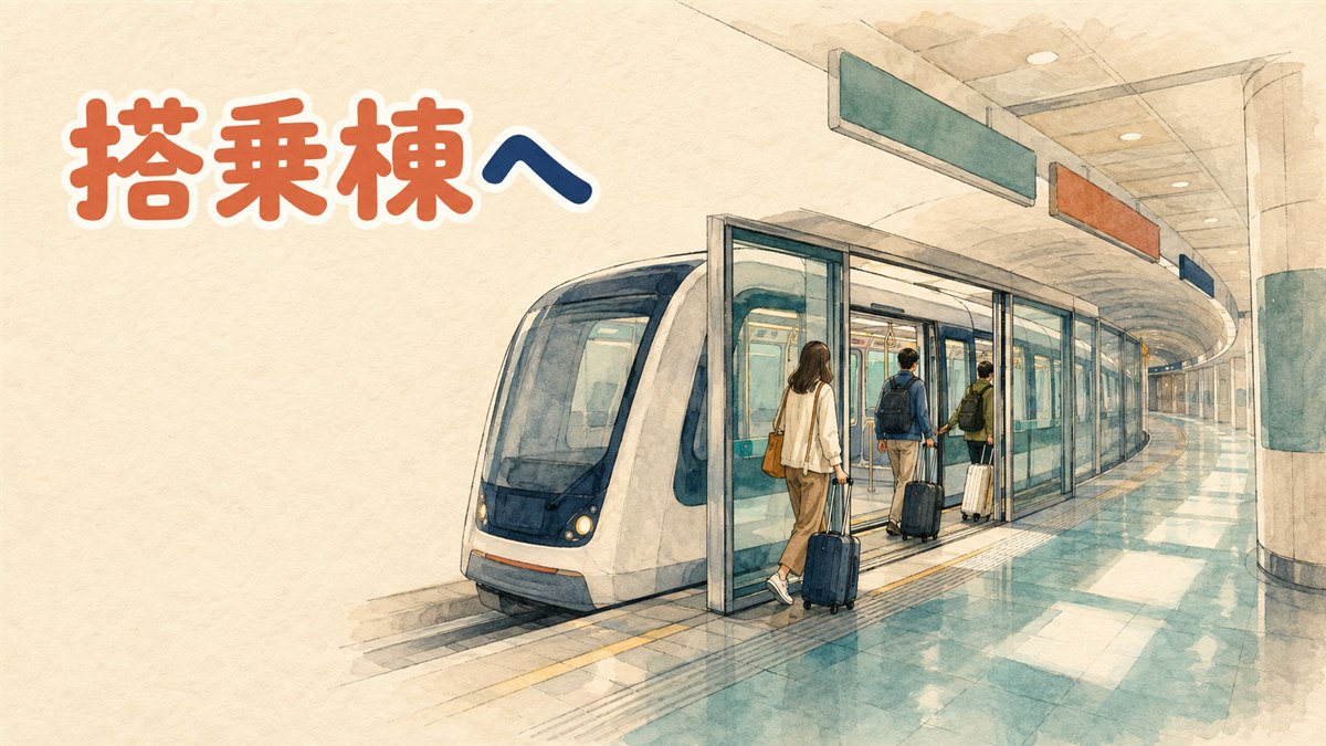 仁川空港第1ターミナルの搭乗棟へ向かうシャトルトレインのりばの案内