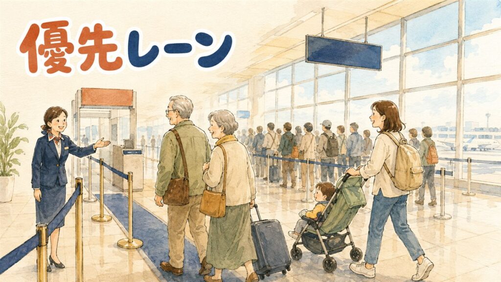仁川空港の出国審査場で家族連れの旅行者が案内係の前を通り過ぎていく様子