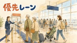 仁川空港の出国審査場で家族連れの旅行者が案内係の前を通り過ぎていく様子