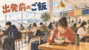 仁川空港の一般地域にある地下1階の食堂街で、旅行者が食事をする情景