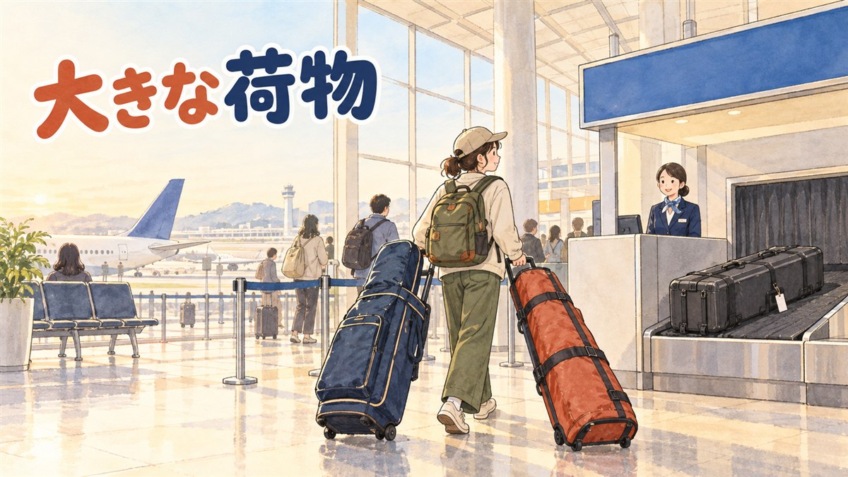 仁川空港でゴルフバッグとスキーケースを持ってチェックインカウンターに向かう旅行者
