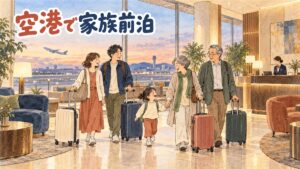 仁川空港エリアのホテルのロビーで、スーツケースを囲んで家族が部屋タイプを相談している場面