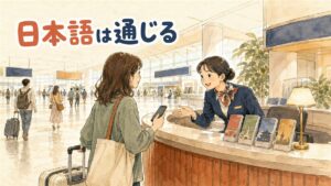 仁川空港の案内カウンターで旅行者がスマートフォンで通訳電話をかけながらスタッフと落ち着いて対応している場面