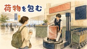 仁川空港の出発ロビーで透明フィルムに包まれたスーツケースがカートに載っている様子
