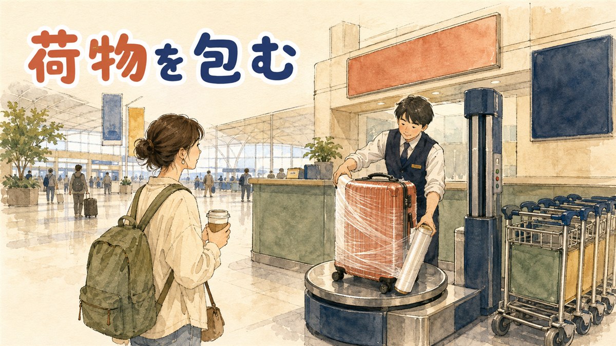 仁川空港の出発ロビーで透明フィルムに包まれたスーツケースがカートに載っている様子