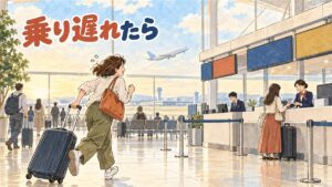 仁川空港の出発ロビーで航空会社カウンターに相談する旅行者の様子