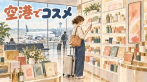 仁川空港の地下フロアにあるオリーブヤング店舗の棚とスーツケースを引く旅行者