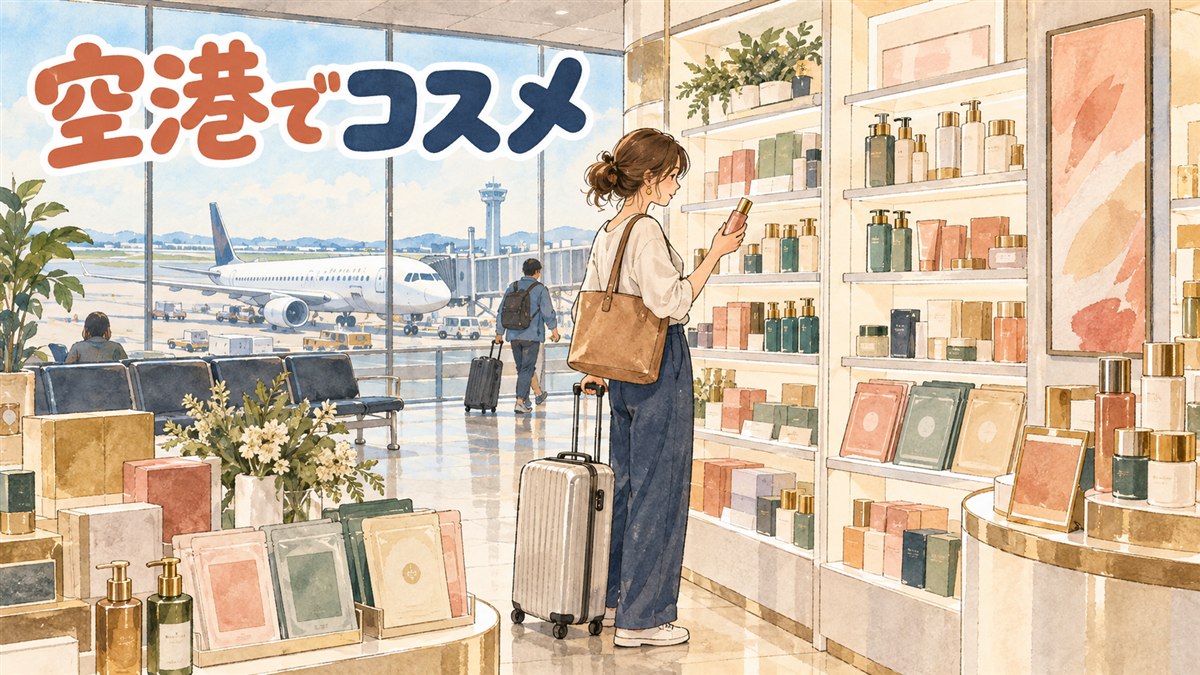 仁川空港の地下フロアにあるオリーブヤング店舗の棚とスーツケースを引く旅行者