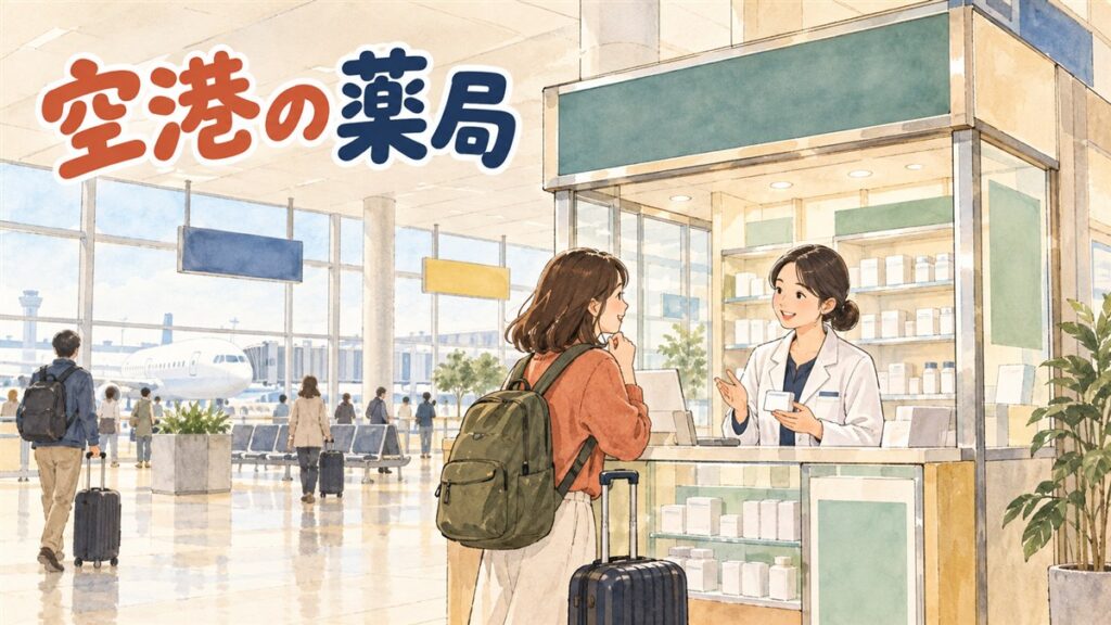 仁川空港の出国エリアで薬局の場所を確認する旅行者のイメージ