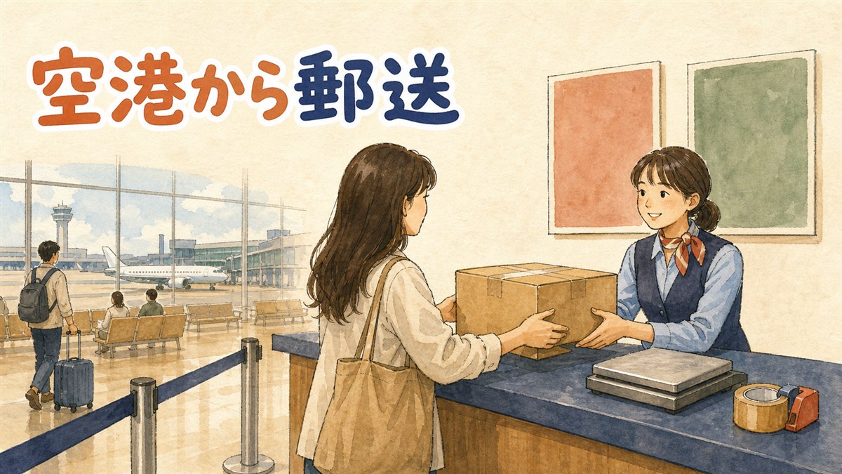 仁川空港の郵便取扱局のカウンターで荷物を送る準備をする旅行者の様子