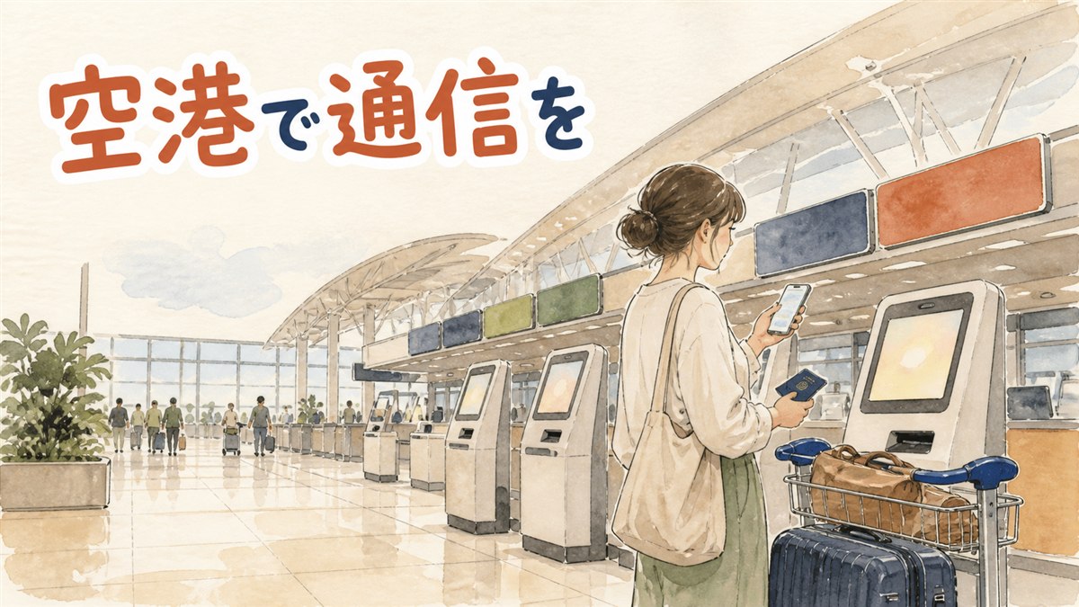 仁川空港の到着ロビーで通信カウンターの列とスマートフォンを見比べるイメージ