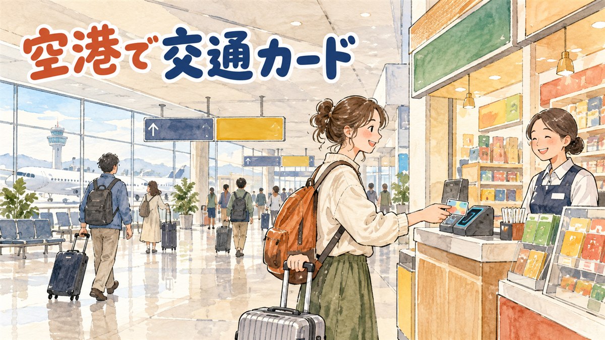 仁川空港のコンビニの前でスーツケースを引きながらカードを手に取る旅行者