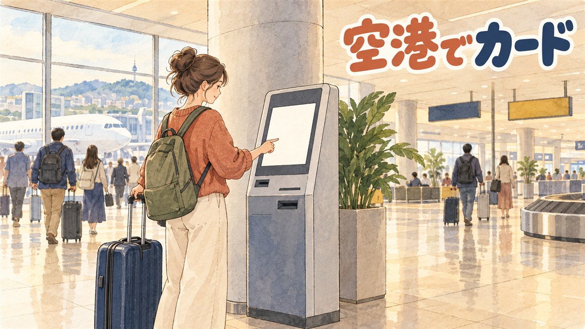 仁川空港到着ロビーのコンビニ店内に設置されたWOWPASSの発行機を旅行者が操作している場面