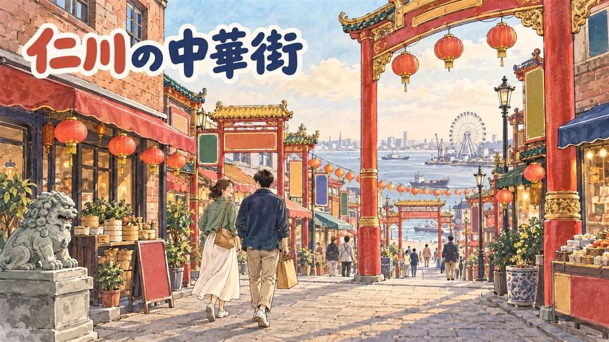 仁川チャイナタウンの牌楼(門)と、月尾島の海沿いを走る観光列車のある風景