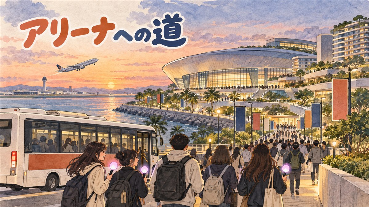 仁川空港のターミナル前でアリーナ行きのシャトルバスを待つ旅行者たちのイメージ