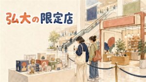 AKプラザ弘大の店頭に立つ犬夜叉ポップアップストアの案内パネルと、グッズを眺める来場者たちの様子
