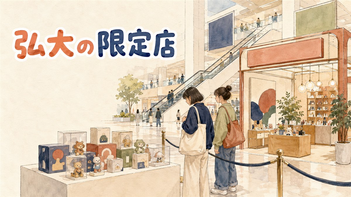 AKプラザ弘大の店頭に立つ犬夜叉ポップアップストアの案内パネルと、グッズを眺める来場者たちの様子