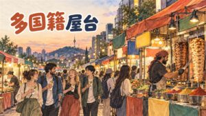 梨泰院の路地に並ぶ多国籍料理店の看板と行き交う人々