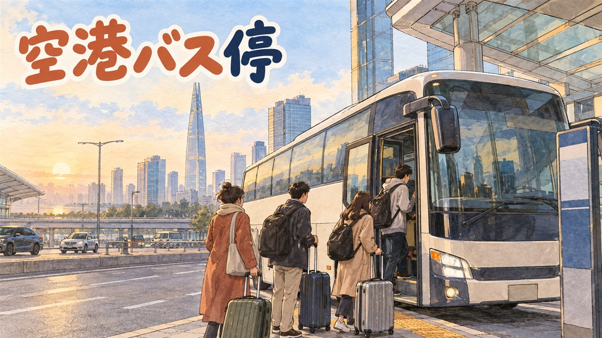 蚕室のロッテワールド前で仁川空港行きの空港リムジンバスを待つ旅行者のイラスト