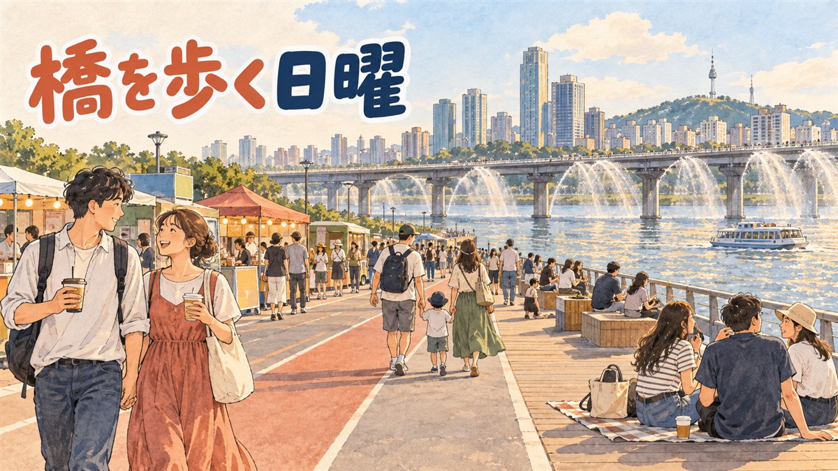 日曜の午後、車のない潜水橋の上を人々が歩いている様子