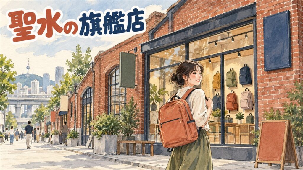 ソウル・聖水洞にあるジャンスポーツ世界初の旗艦店の店内で、バックパックの新作コレクションを眺める情景
