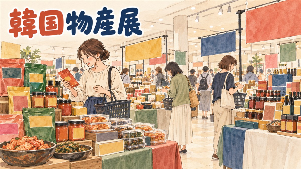 日本の百貨店の催事場で韓国食品の物産展をのぞく買い物客のイメージ