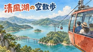 堤川の清風湖に架かるケーブルカーのキャビンと山あいの湖の風景