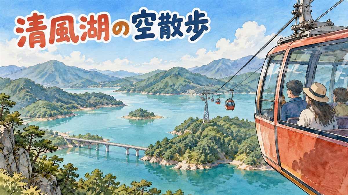堤川の清風湖に架かるケーブルカーのキャビンと山あいの湖の風景