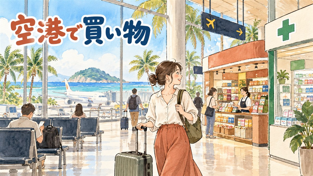 済州空港でコンビニの袋を提げてスーツケースを引く旅行者のイメージ