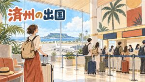 済州国際空港の国際線出発ロビーでスーツケースを引く旅行者たちの様子