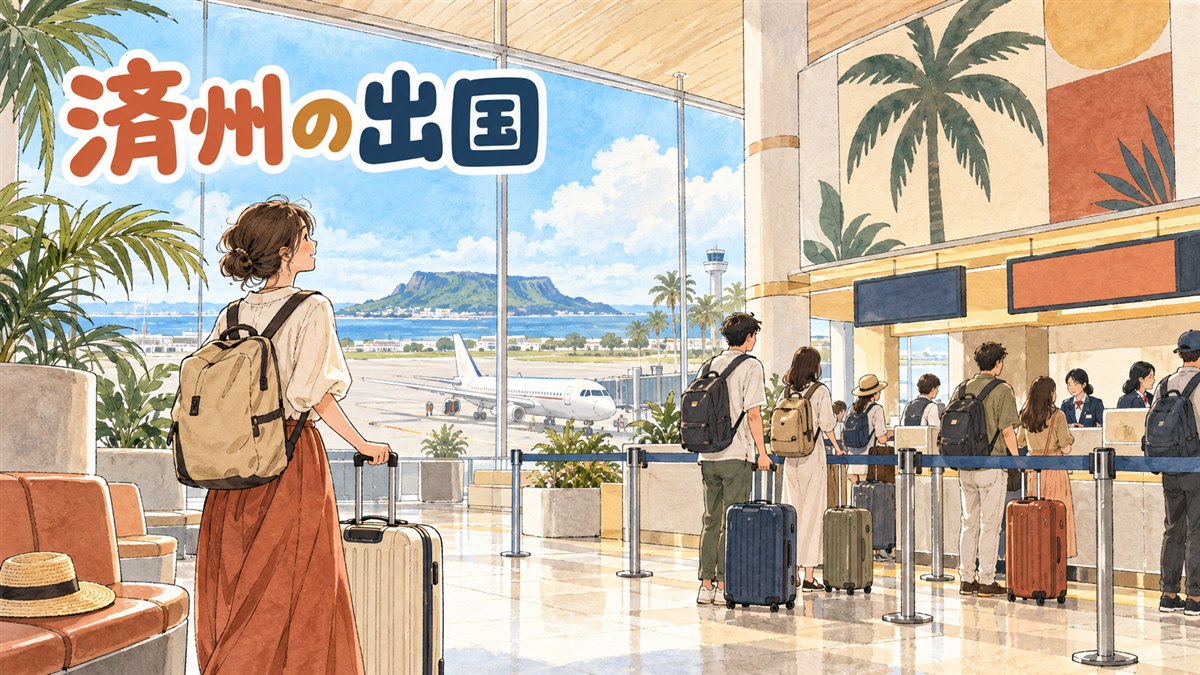 済州国際空港の国際線出発ロビーでスーツケースを引く旅行者たちの様子
