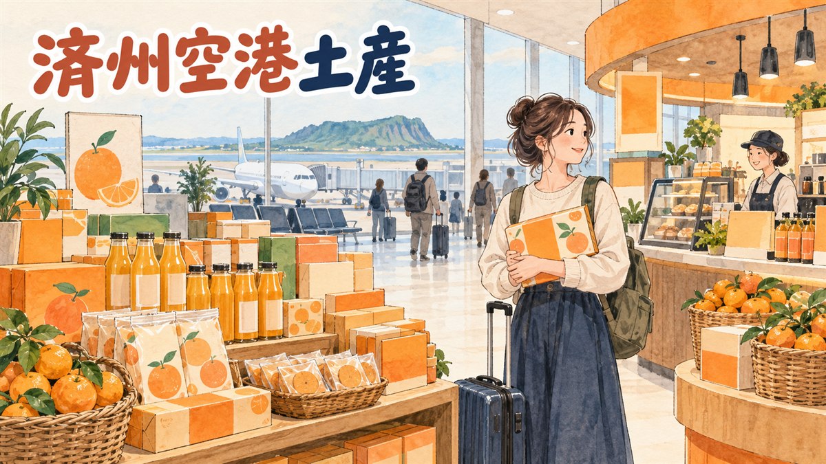 済州国際空港の出発ロビーで飲食店とお土産店を見て回る旅行者たちのイメージ
