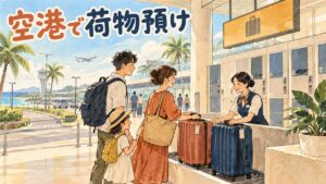 済州空港の国内線ターミナル1階で、キャリーバッグを窓口に預ける旅行者のイメージ