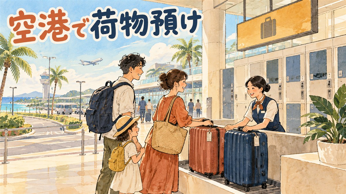 済州空港の国内線ターミナル1階で、キャリーバッグを窓口に預ける旅行者のイメージ