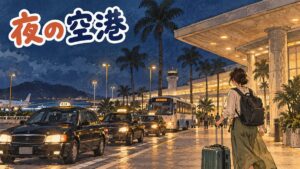 済州空港の到着ロビーで深夜バスとタクシーの案内表示を見上げる旅行者の様子