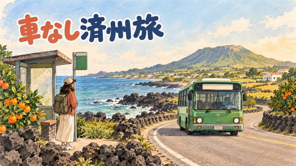 済州島の空港と、済州市・西帰浦方面へ向かう路線バスのイメージ